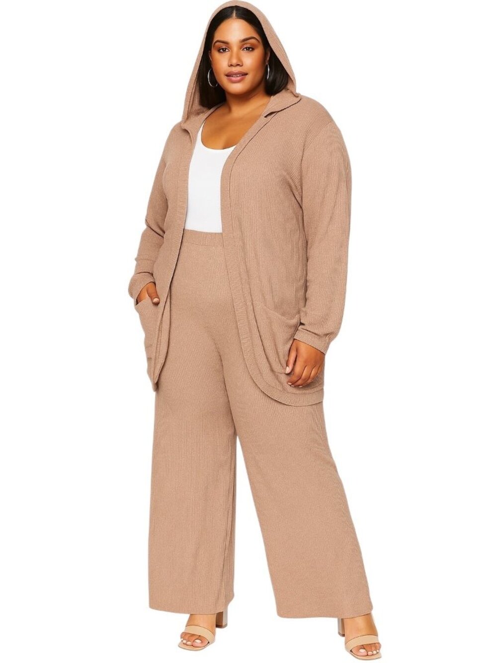 No Boundaries Cardigan and Wide Leg Pants Set Beige Size XXXLLoungewear Casual